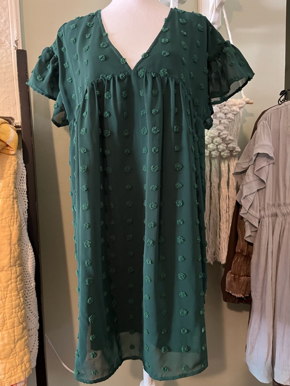 entro Emerald Green Swiss Dot Midi Dress